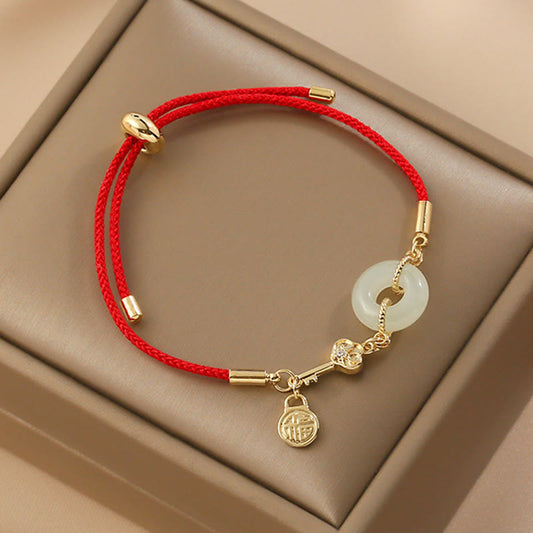 Pulsera de cuerda roja con piedras de Buda, jade hetiano bañado en oro de 18 quilates, hebilla de paz, símbolo Fu, suerte