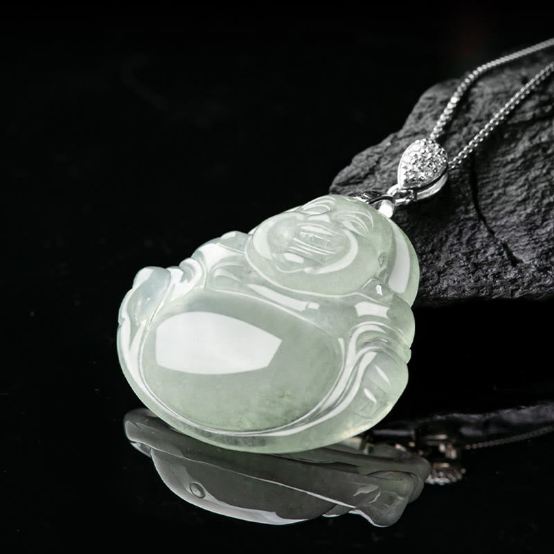 Collar con colgante de Buda sonriente de jade natural en plata de ley 925 con piedras de Buda, cadena de prosperidad y abundancia.