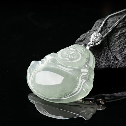 Collar con colgante de Buda sonriente de jade natural en plata de ley 925 con piedras de Buda, cadena de prosperidad y abundancia.