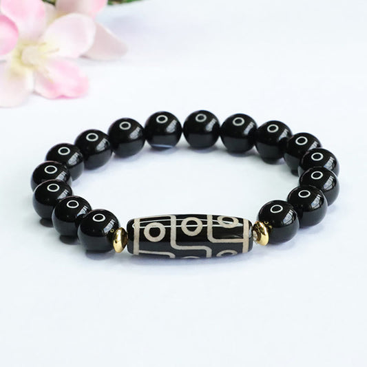Buddha Stones Tibetisches Neun-Augen-Dzi-Perlen-Kraftarmband aus schwarzem Onyx