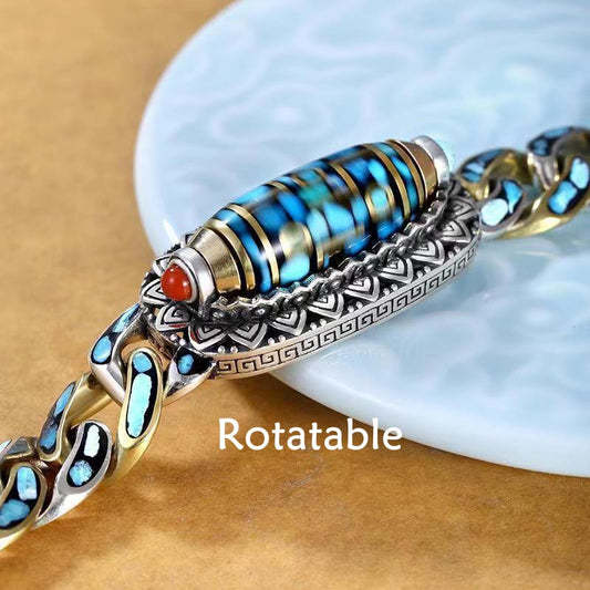 Buddha Stones Tibetische Neun-Augen-Dzi-Perle Om Mani Padme Hum Türkis Schutz drehbares Armband
