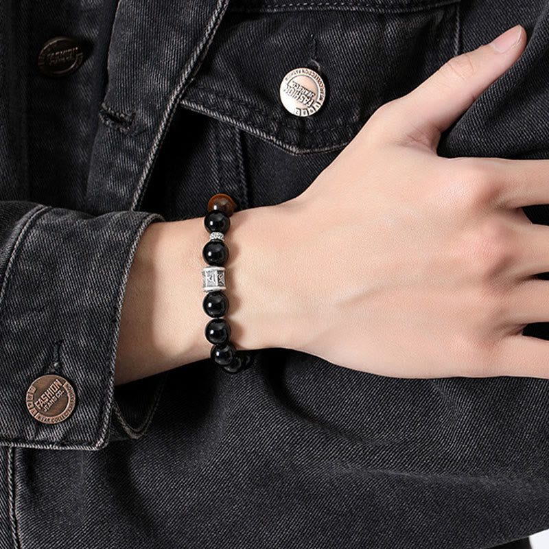 Pulsera de obsidiana negra con ojo de tigre y piedras de Buda en plata de ley 999 con el símbolo del Om Mani Padme Hum 