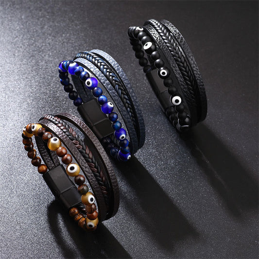 Pulsera trenzada multicapa con cuentas y protección de ojo de tigre y piedras de Buda