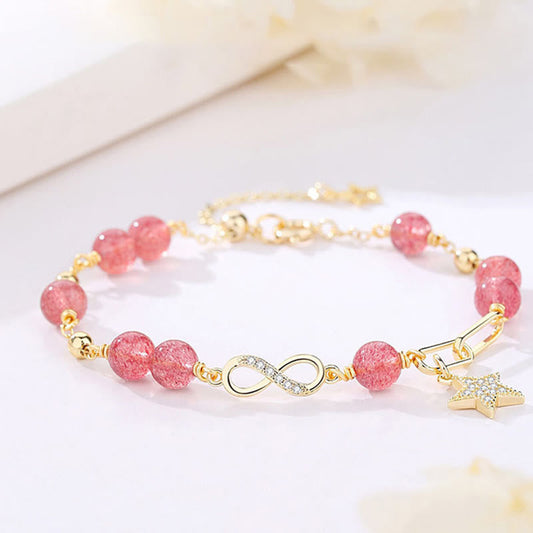Pulsera de piedra lunar de cuarzo fresa natural con baño de oro de 14 quilates y lazo de Möbius con estrella de amor eterno y positivo de Buddha Stones 