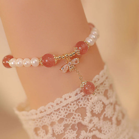 Pulsera con dije de abeja de miel, cuarzo fresa, perla natural y piedras de Buda 