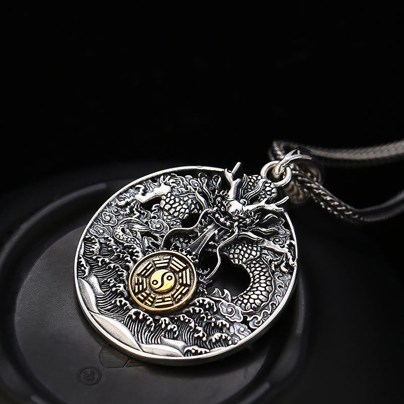 Collar con colgante de piedra de Buda, ondas de dragón, Yin Yang, Bagua, suerte y fuerza 
