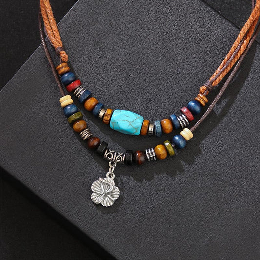 Buddha-Steine ​​Türkis Kleine Blume Schutz Doppelschicht Halskette Anhänger Armband