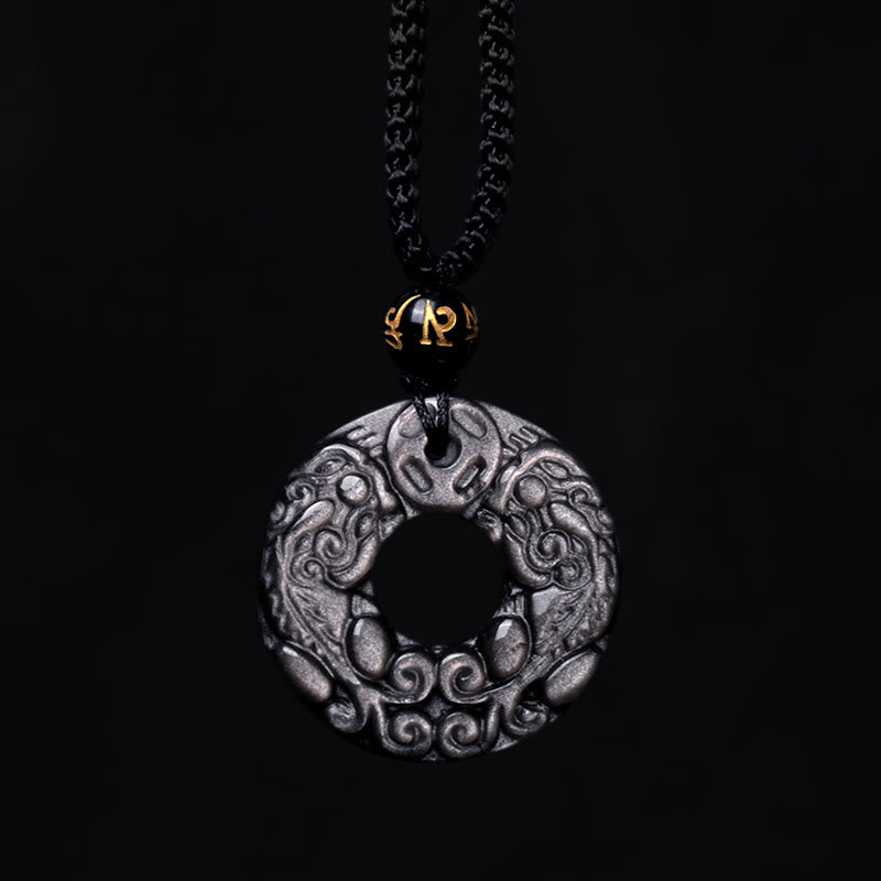 Collar con colgante de obsidiana con doble PiXiu, moneda de cobre, hebilla de paz y protección, con piedras de Buda y brillo de plata natural