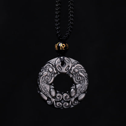 Collar con colgante de obsidiana con doble PiXiu, moneda de cobre, hebilla de paz y protección, con piedras de Buda y brillo de plata natural