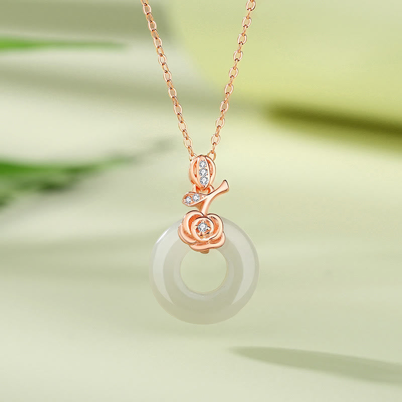 Buddha Stones 925 Sterling Silver Ginkgo Leaf Butterfly Rose Chalcedony Hetian Jade Peace Buckle Fu Character Harmony Necklace Pendant - Touch Bling