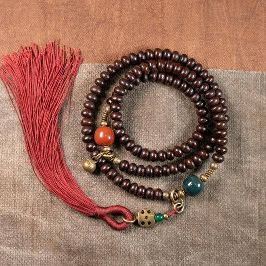 Pulsera de la suerte con 108 cuentas de mala tibetanas naturales y semillas de bodhi moradas