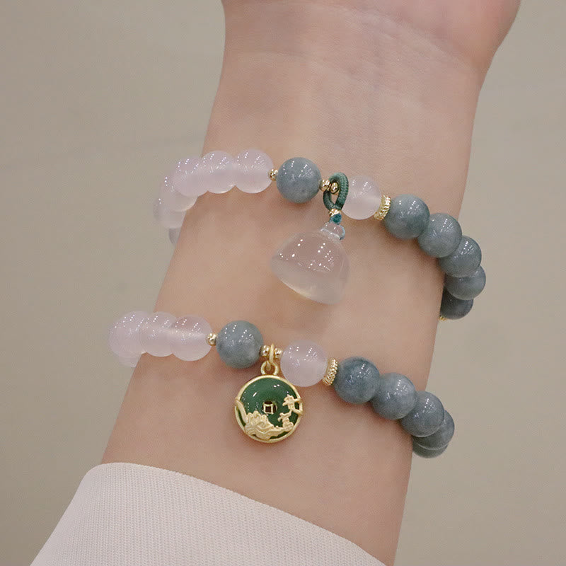 Buddha Stones Weißer Achat Jade Lotusblume Friedensschnalle Schutzarmband 
