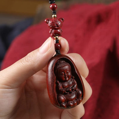 Llavero con amuleto de protección del zodíaco chino de cinabrio y sándalo rojo de hoja pequeña de Buda