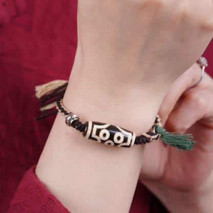 Buddha Stones Handcrafted Tibetan Nine-Eye Dzi Bead Blessings Rope Bracelet