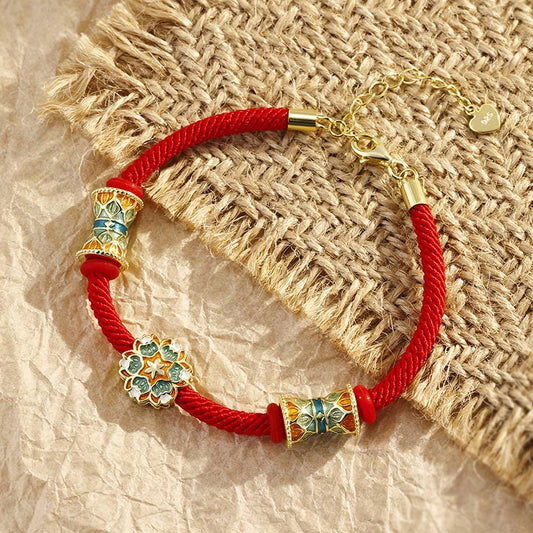 Buddha Stones Dunhuang 925 Sterling Silber Lotustrommel Neubeginn Rotes Seil Armband 