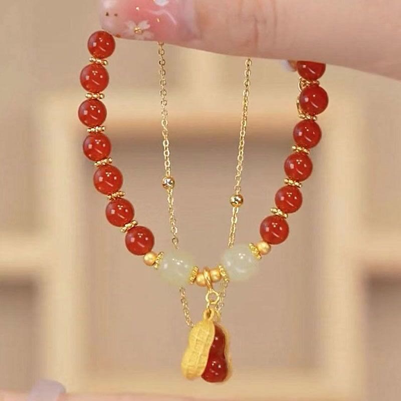 Pulsera de cuentas con piedras de Buda, hojas de jade, ginkgo, tulipán, cacahuete y carácter Fu, con la suerte