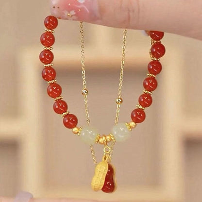 Pulsera de cuentas con piedras de Buda, hojas de jade, ginkgo, tulipán, cacahuete y carácter Fu, con la suerte