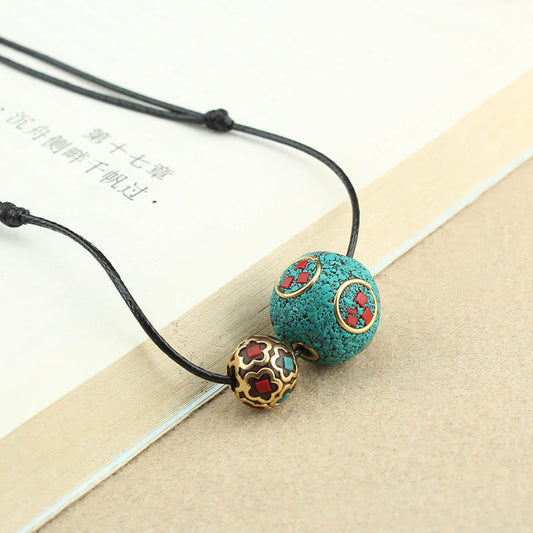 Collar con colgante de piedra de Buda y turquesa tibetana con doble cuenta de protección y fuerza 