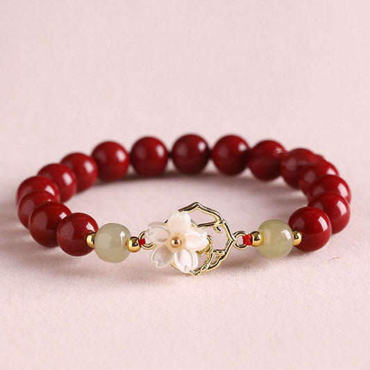 Pulsera de bendición floral con cuentas de jade cinabrio natural y piedra Tridacna de Buda 