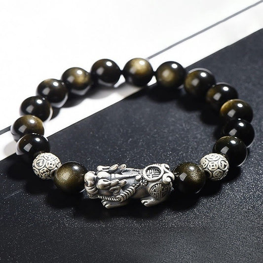 Pulsera de obsidiana PiXiu con piedras de Buda en plata de ley 925 con brillo dorado natural para protección de la riqueza