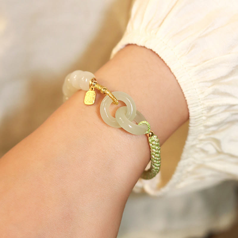 Pulsera trenzada con cuentas de jade hetiano natural de Buda y doble hebilla de paz con carácter Fu 