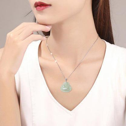 Collar con colgante de Buda sonriente de jade natural en plata de ley 925 con piedras de Buda, cadena de prosperidad y abundancia.