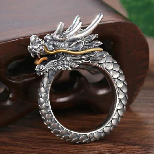 Anillo ajustable con diseño de dragón vintage de plata de ley 925 con piedras de Buda y protección.