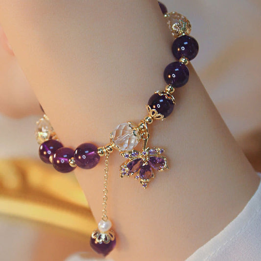 Pulsera con dije de hoja de arce curativa de amatista natural bañada en oro de 14 quilates con piedras de Buda 