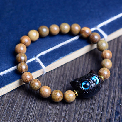 Buddha Stones Ebony Wood Green Sandalwood Red Sandalwood Lovely Cat Balance Bracelet