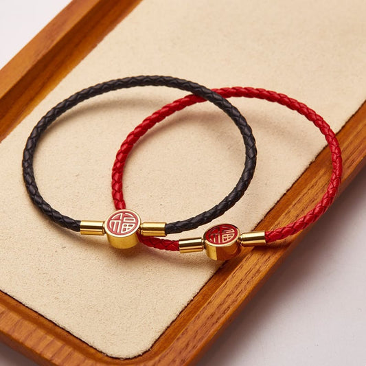 Pulsera de cuero con hebilla y símbolo de la fortuna y la bendición de Buda Fu