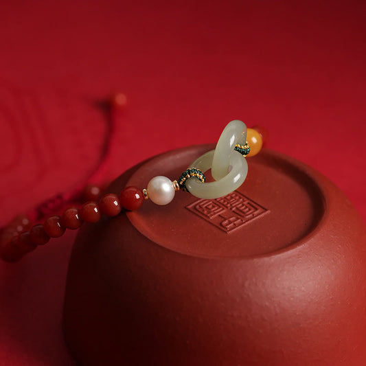 Buddha Stones Natürlicher roter Achat Hetian Jade Doppelte Friedensschnalle Vertrauensarmband