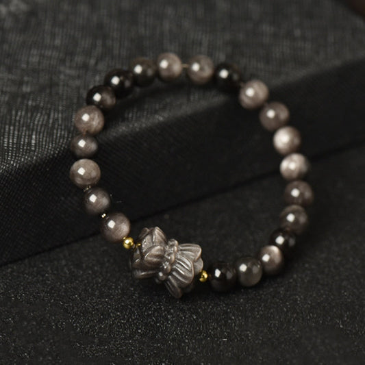 Pulsera protectora de Buda sonriente con flor de loto, obsidiana plateada y zorro de nueve colas