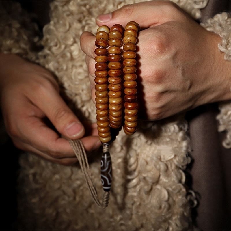 Pulsera tibetana de 108 cuentas Mala de hueso de yak con tres ojos de Dzi y piedras de Buda para alejar los malos espíritus.