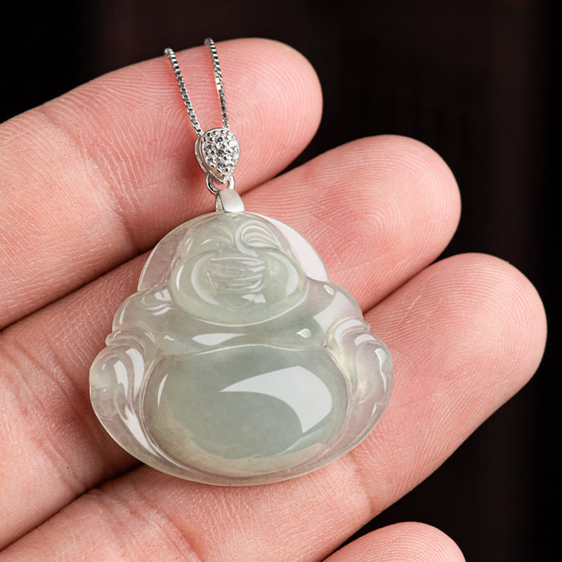 Collar con colgante de Buda sonriente de jade natural en plata de ley 925 con piedras de Buda, cadena de prosperidad y abundancia.