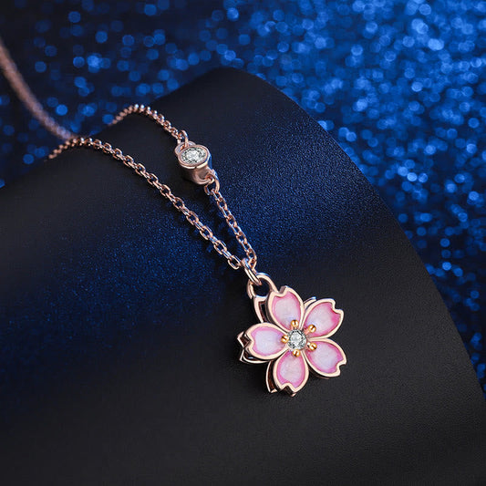Collar con colgante de flor de cerezo en plata de ley 925 con piedras de Buda y protección giratoria 