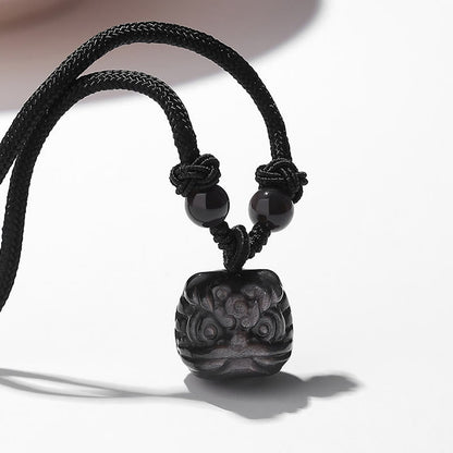 Buddha Stones Natural Silver Sheen Obsidian Red Agate Dancing Lion Protection Necklace Pendant