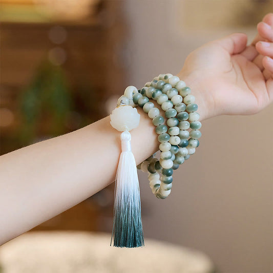 Buddha Stones Natürliche 108 Mala-Perlen Bodhi-Samen Lotus Graviertes Weisheitsquastenarmband