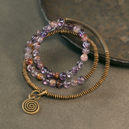 Pulsera de cobre con piedras de Buda, cuarzo hematoide rojo fantasma morado y cuarzo rutilado verde, amor y perdón 