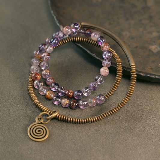 Pulsera de cobre con piedras de Buda, cuarzo hematoide rojo fantasma morado y cuarzo rutilado verde, amor y perdón 