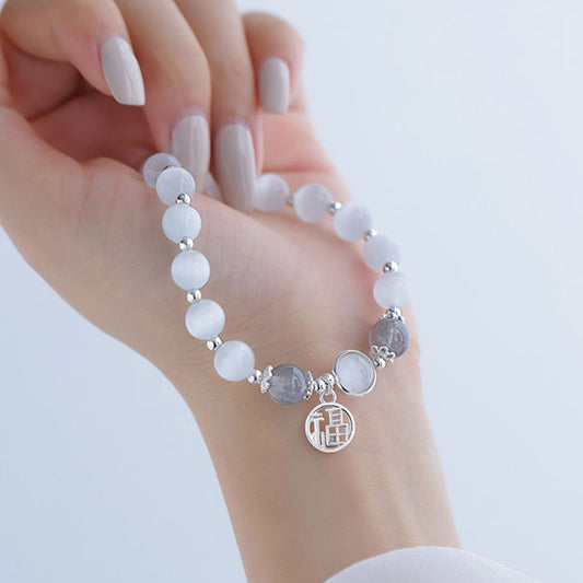 Pulsera con abalorios de bola con carácter Fu de piedra lunar y ojo de gato de Buda