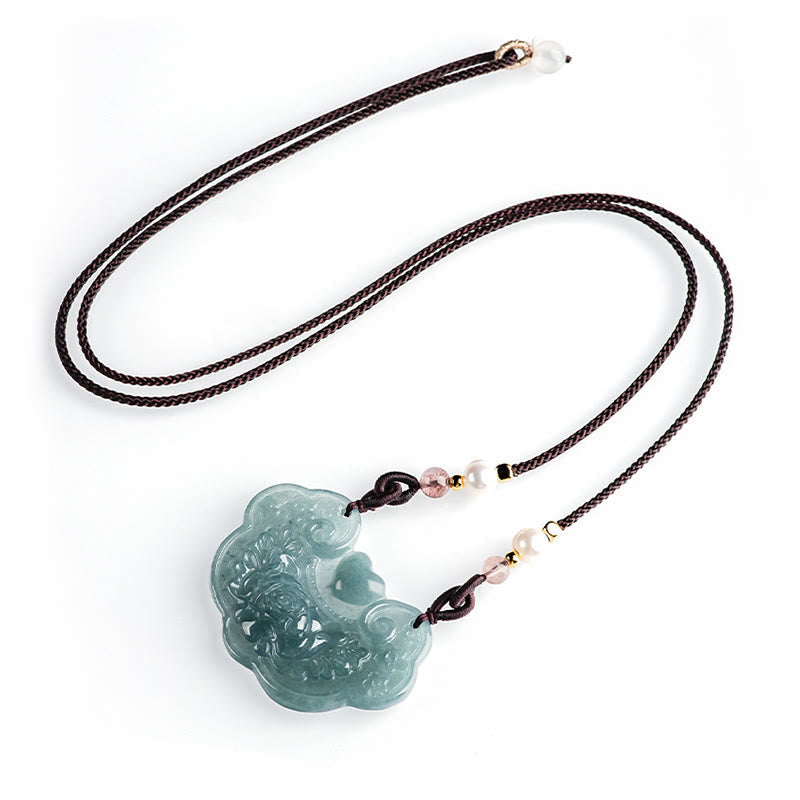 Collar con colgante de flor de peonía de jade natural y piedras de Buda con candado de buenos deseos y prosperidad