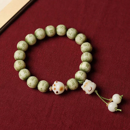 Pulsera de sabiduría grabada con piedras de Buda, semilla de Bodhi verde, pata de gato y Om Mani Padme Hum