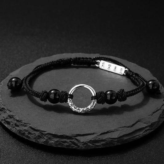 Pulsera de protección con hebilla de paz de ónix negro y piedras de Buda en plata de ley 925