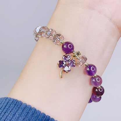 Pulsera con dijes curativos de trébol de cuatro hojas y cristal de amatista de Buda 