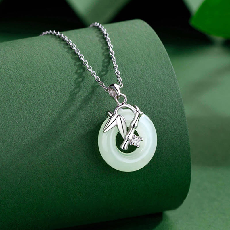 Collar con colgante de prosperidad y hebilla de paz con hojas de bambú y jade hetiano de plata de ley 925 con piedras de Buda 