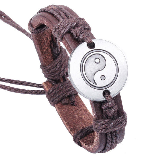 Pulsera de cuero retro con armonía Yin Yang y piedras de Buda
