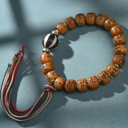 Buddha-Steine, natürliches tibetisches Kamelknochen-Hakenkreuz-Dzi-Perlen-Shankha-Buddha-Charm, Kirtimukha-Glücksschutz-Quastenarmband