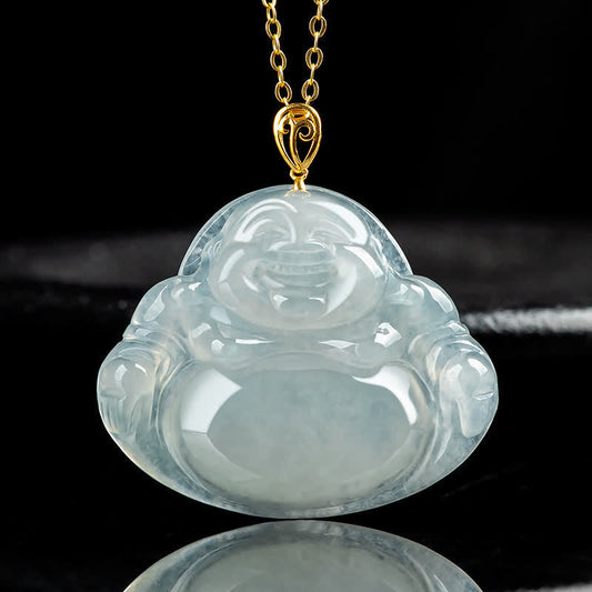 Collar con colgante de Buda sonriente de jade natural y oro de 18 quilates.