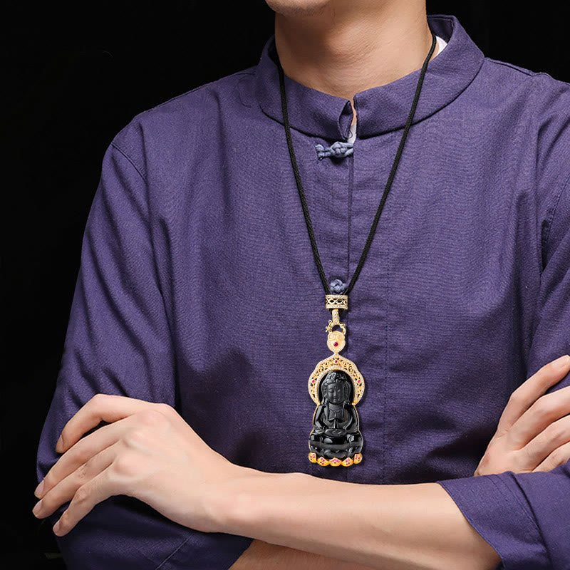 Collar con colgante de la riqueza de Kwan Yin Avalokitesvara y jade negro natural en plata de ley 925 con piedras de Buda