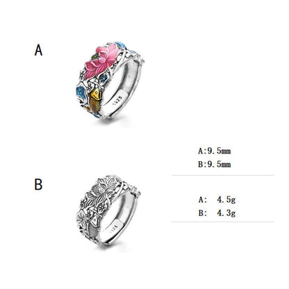 Buddha Stones 925 Sterling Silver Koi Fish Lotus Flower Prosperity Ring
